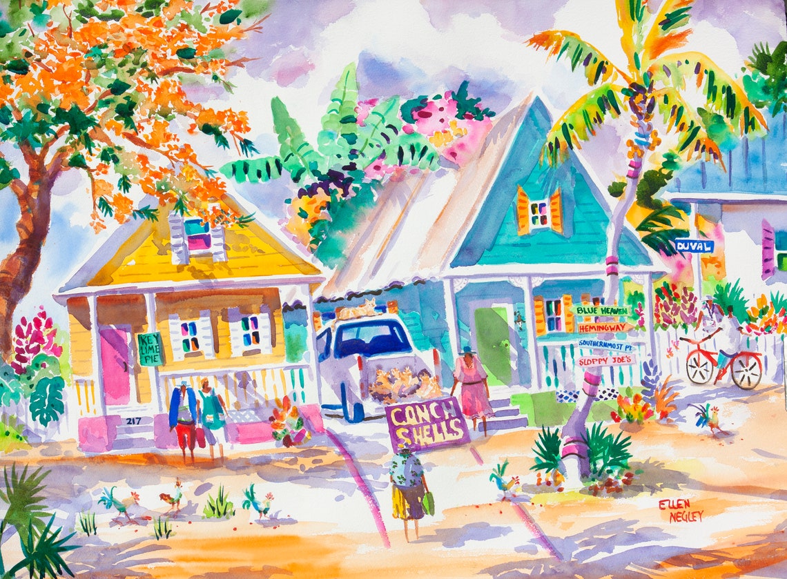 Key West Print Rooster Print Duval Street Sloppy Joes Chicken Painting Hemingway House Print Blue Heaven Colorful Print Tropical Art