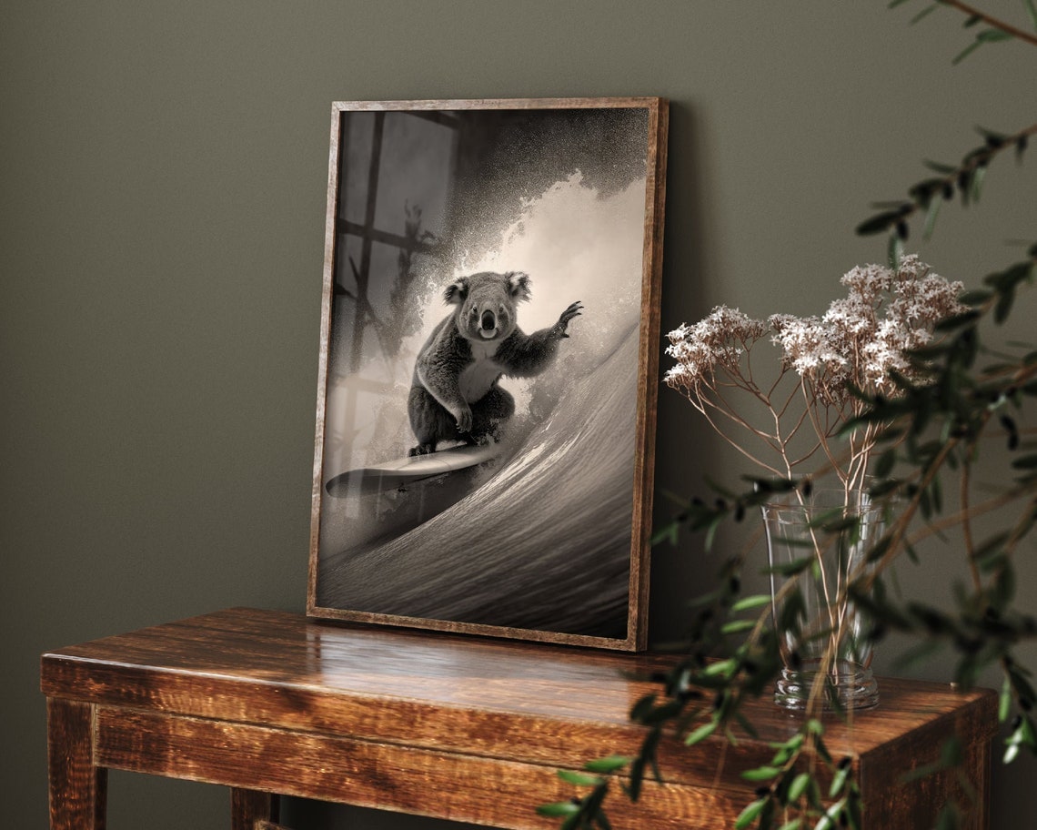 Animals Surfing Photograph Koala Bear Art Print Poster Painting Museum Quality Giclee Home Wall Dcor
