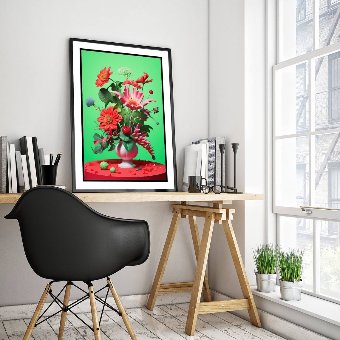 Bold Pink Flower Bouquet in White Vase Neon Green Pop Poster - Image 3
