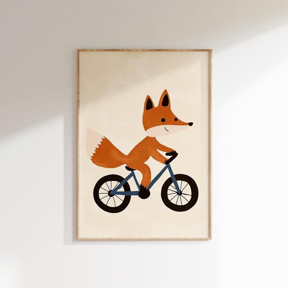 Fox On Bicycle Print Nursery Animal Wall Art Kids Room Decor Playroom Poster Art