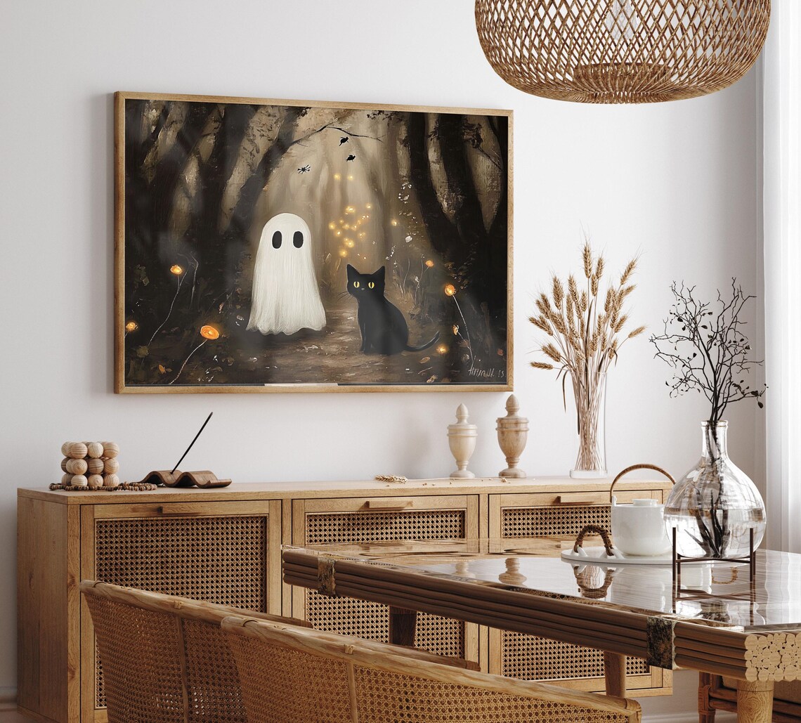 Ghost And Black Cat In Foggy Woods With Fireflies Night Poster - Image 2