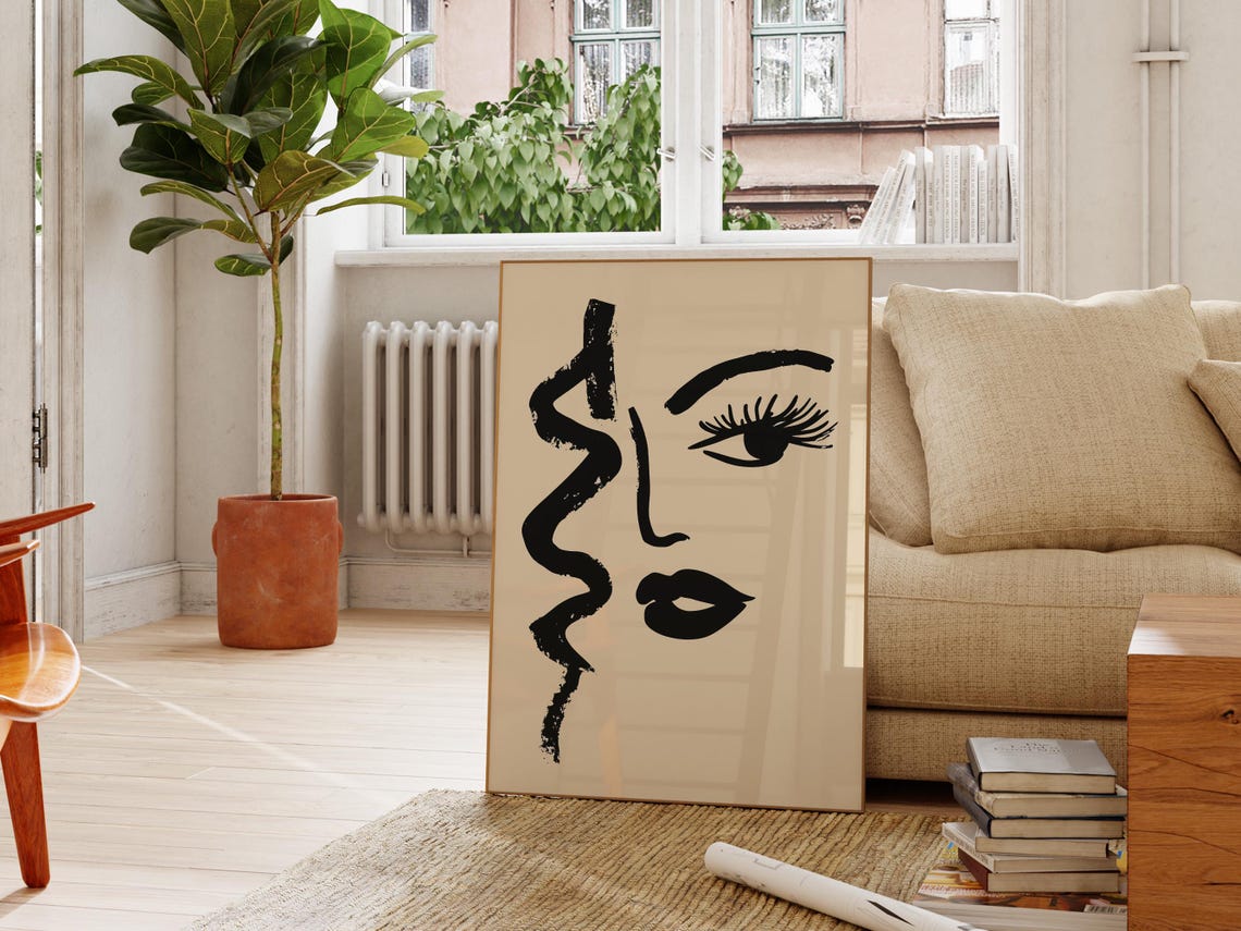 Abstract Face Line Drawing Black Ink Beige Minimalist Art Poster