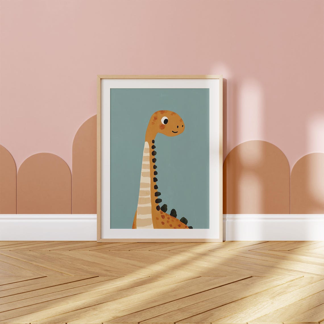 Orange Long Neck Dinosaur Smiling Portrait Cute Kids Dino Poster - Image 2