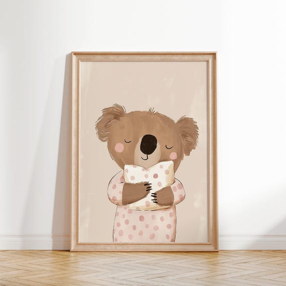 Koala With Blanket Print Pink Nursery Decor Girls Room Art Cozy Koala Illustration Playroom Poster Pink Girls Room Decor