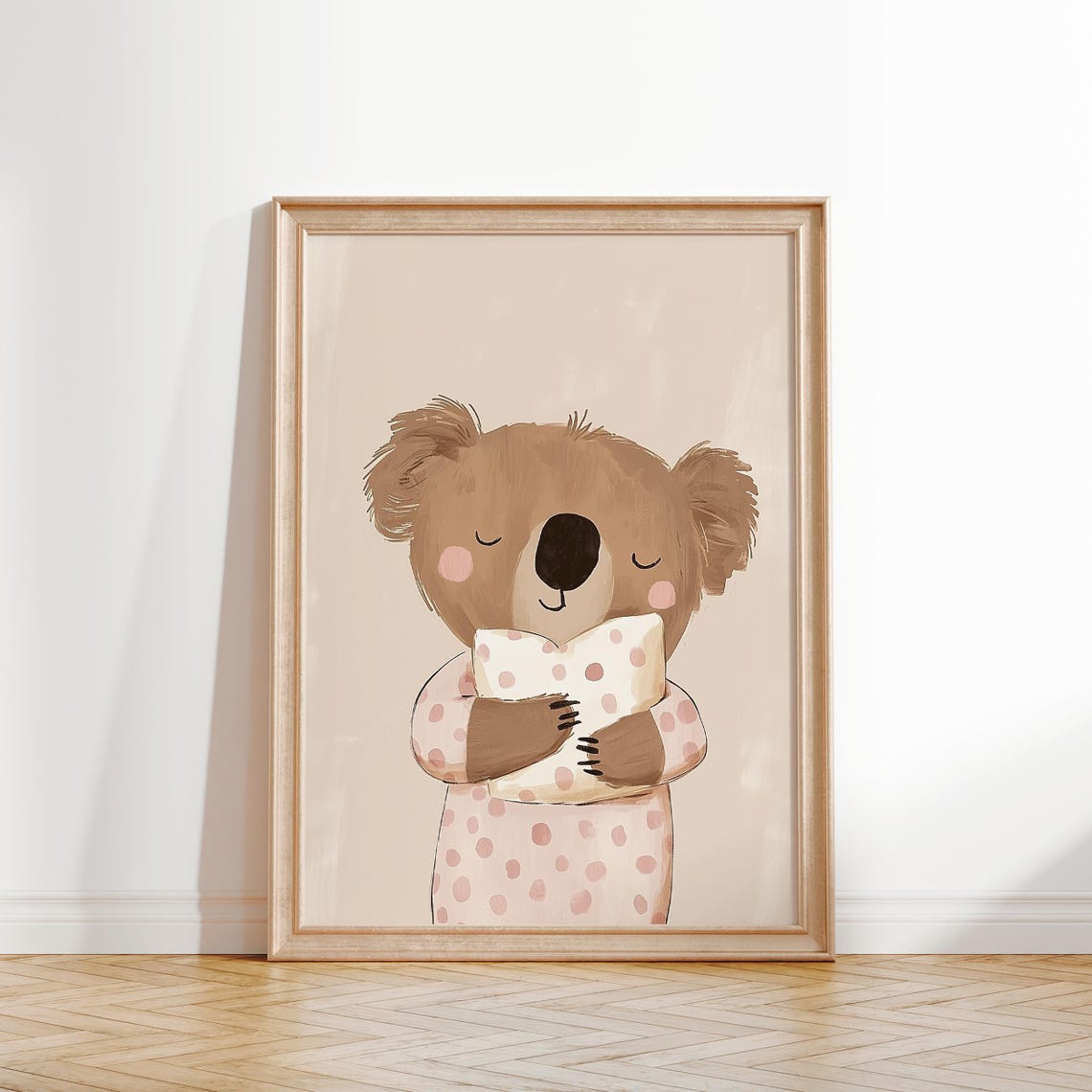 Sleepy Koala In Pink Polka Dot Pajamas Hugging Pillow Nursery Poster