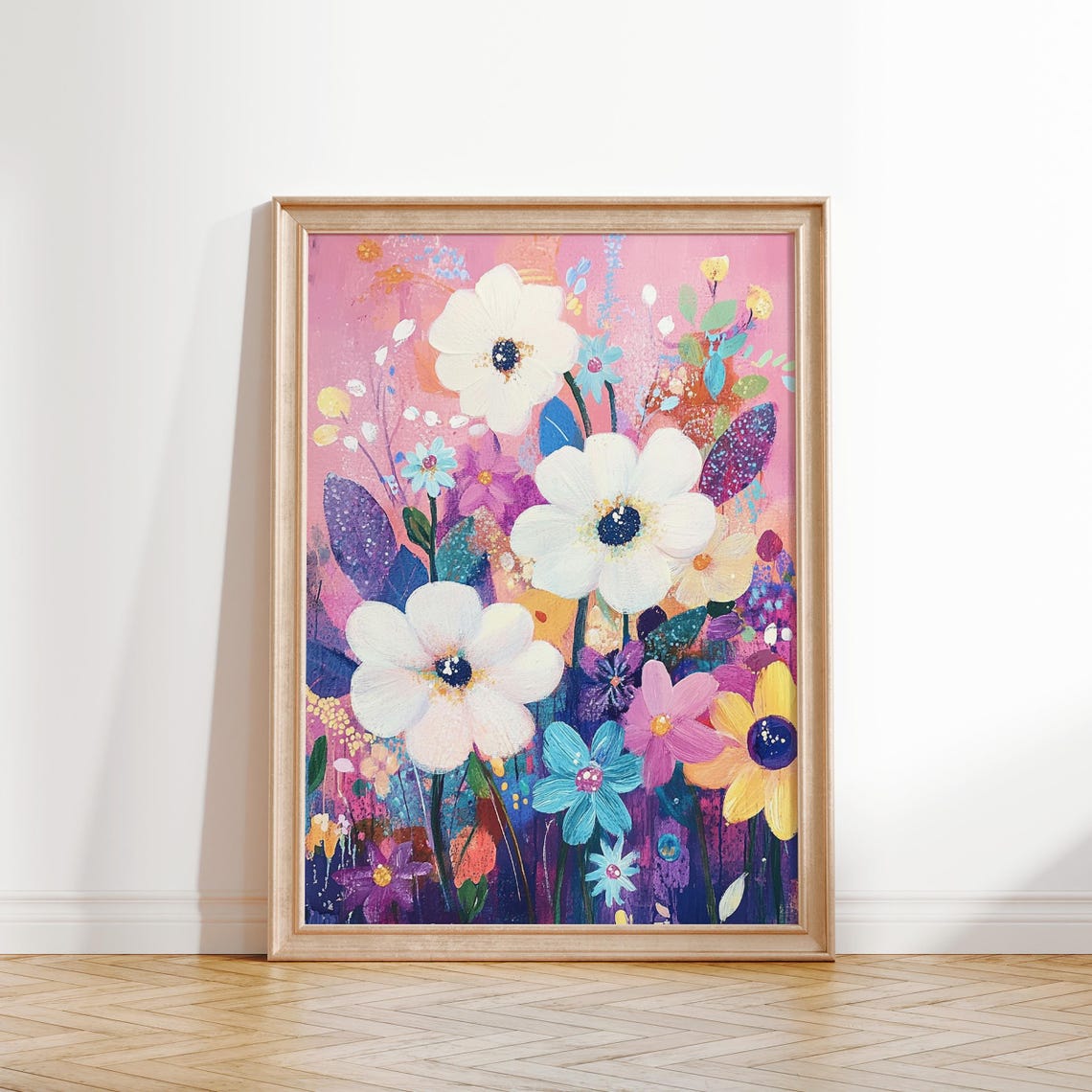 Vibrant Abstract Wildflower Garden Painting Pink Botanical Art Print - Image 2