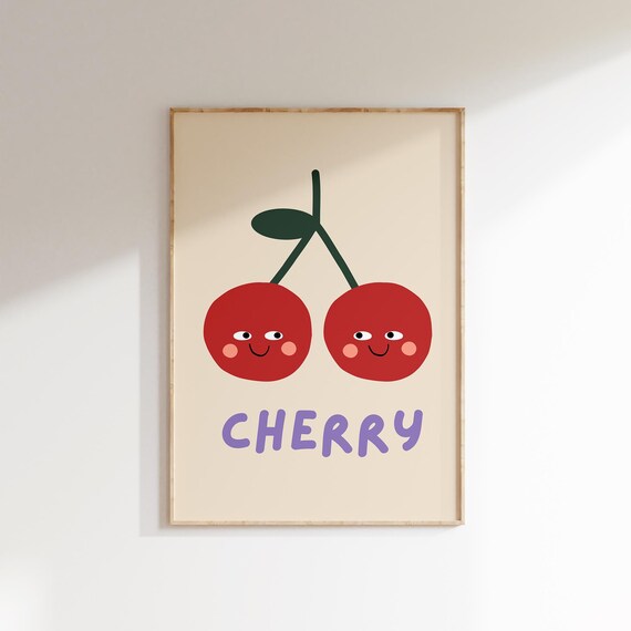 Cherry Wall Art Cute Fruit Illustration Kids Room Poster Kitchen Decor Playful Nursery Print Minimalist Fruit Art Colorful Wall Poster