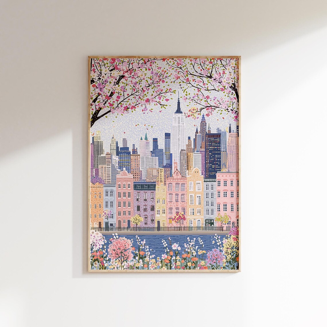 New York City Skyline with Cherry Blossoms Floral Manhattan View Art Poster