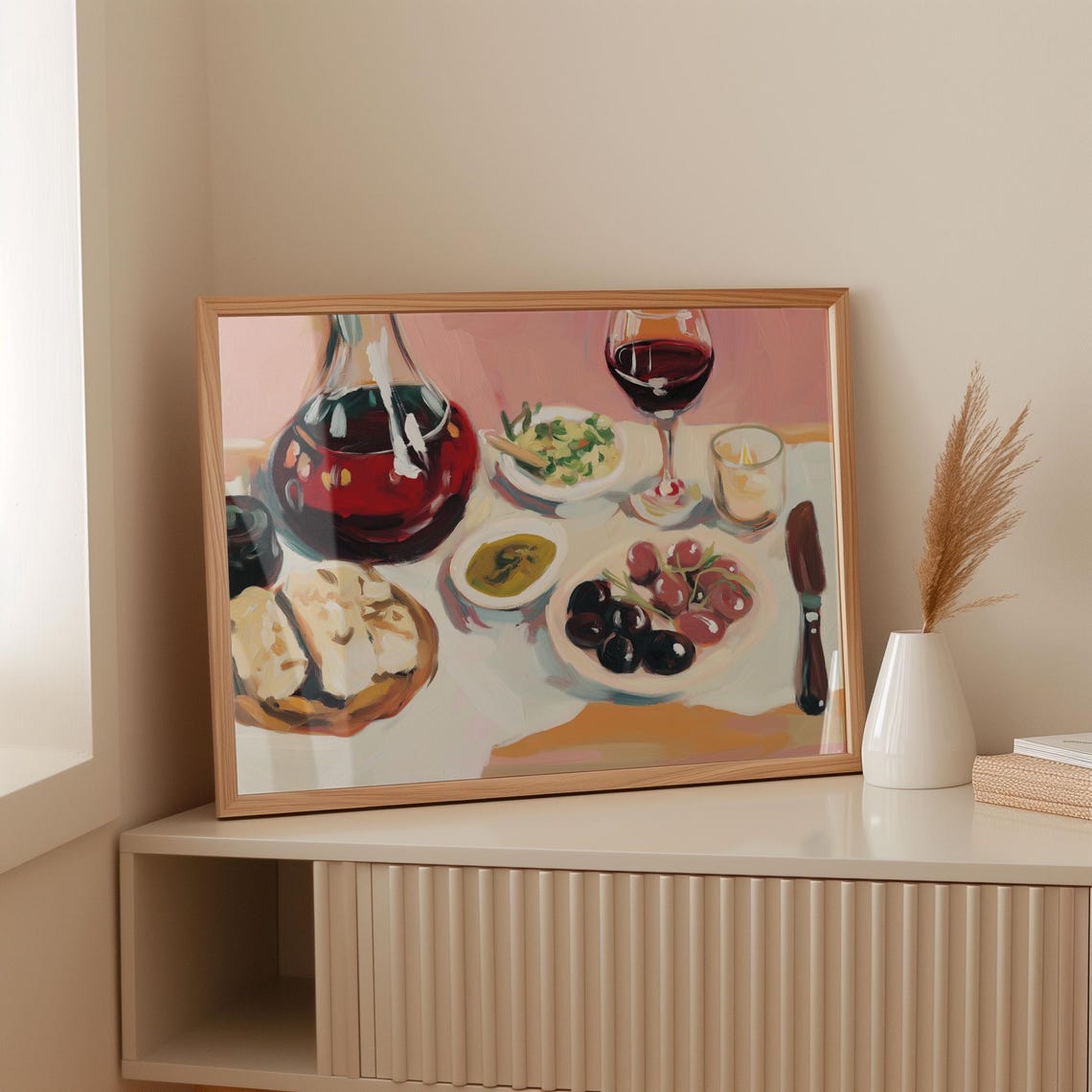 Mediterranean Table Red Wine Decanter Bread Olives Salad Art Poster - Image 3