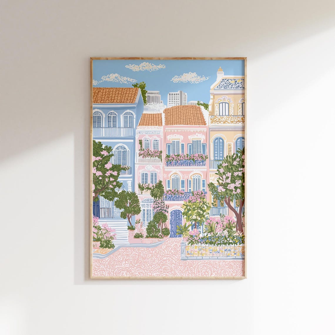 Lisbon Pastel Buildings Cobblestone Blossom Street Portugal Poster - Image 3