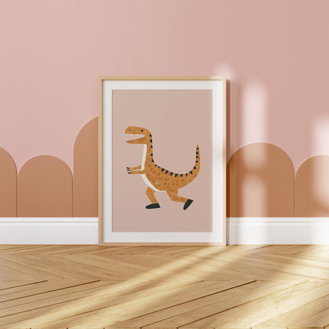 Running Orange Dinosaur Playful Nursery Kids Dino Room Decor Poster - Image 2