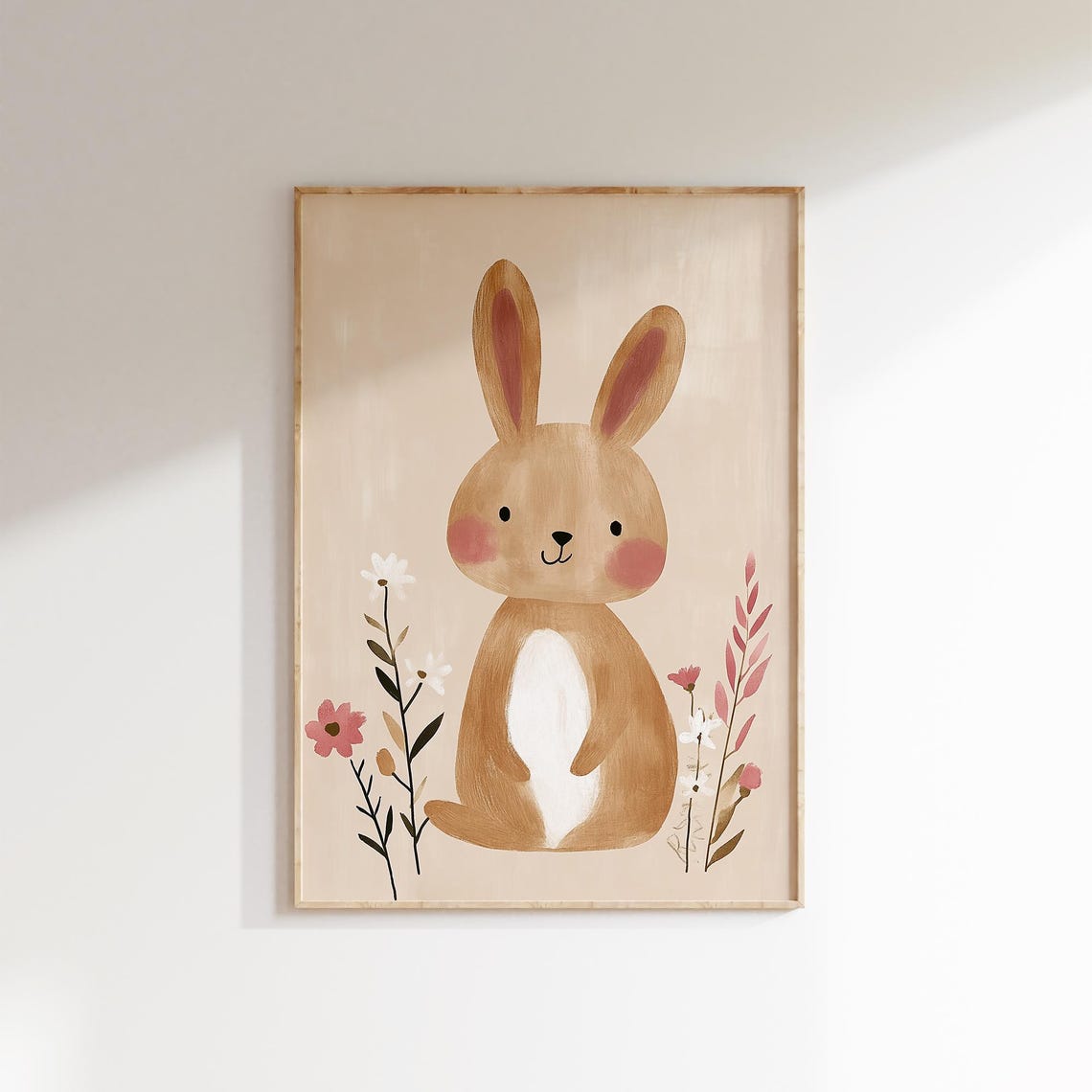 Brown Bunny Wildflowers Watercolor Beige Nursery Kids Wall Art - Image 2