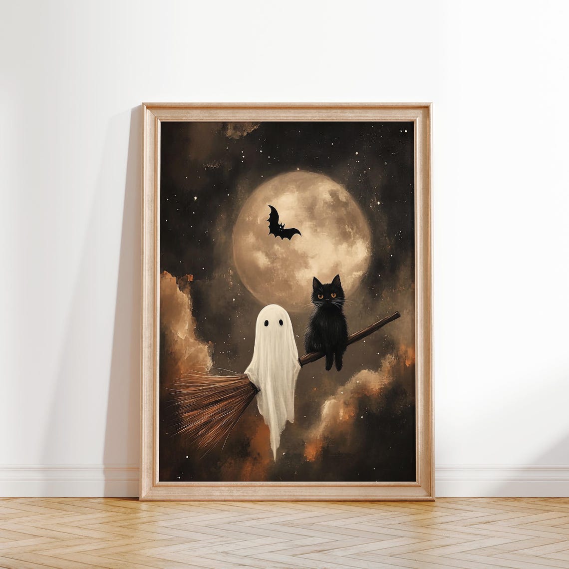 Ghost And Black Cat Flying On Broomstick Full Moon Halloween Poster - Image 2