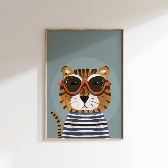 Stylish Tiger With Sunglasses Poster Fun Animal Wall Art Kids Room Decor Quirky Nursery Print Playful Childrens Room Artwork