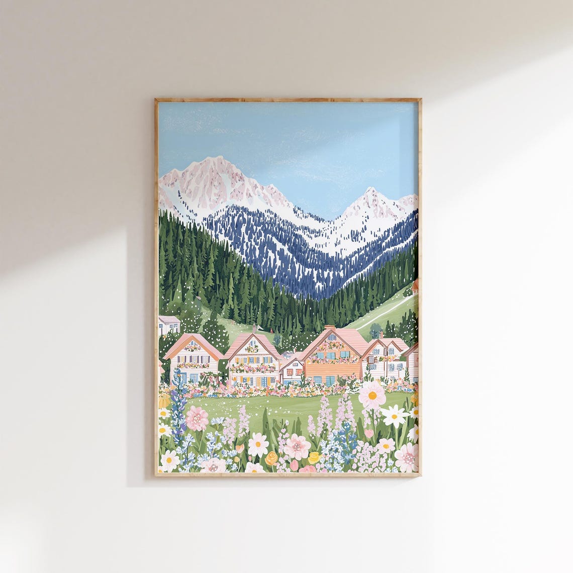 Alpine Mountain Chalet Village Wildflower Meadow Landscape Poster - Image 2