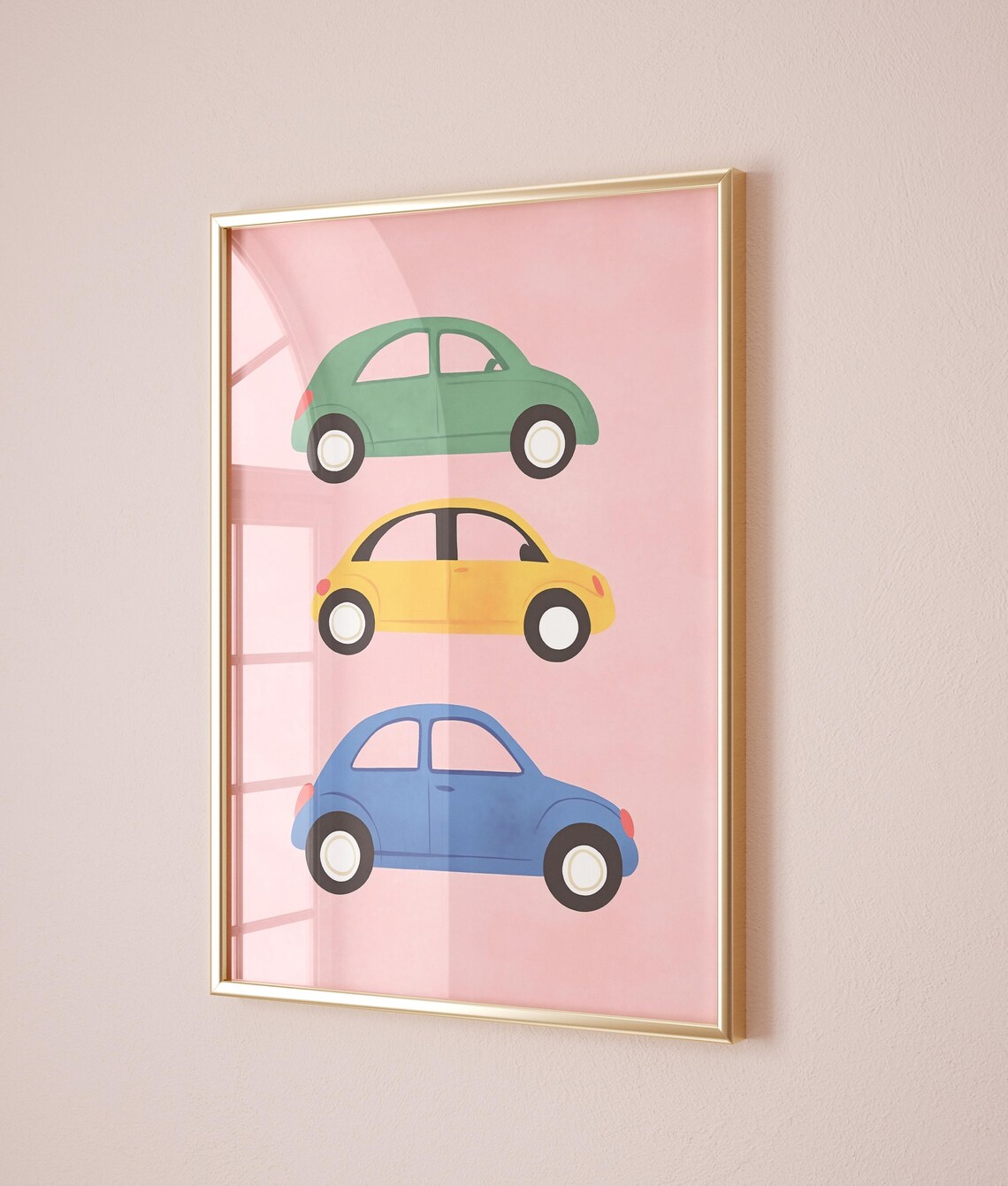 Playful Colorful Retro Beetle Style Cars Trio Pink Kids Room Poster - Image 2