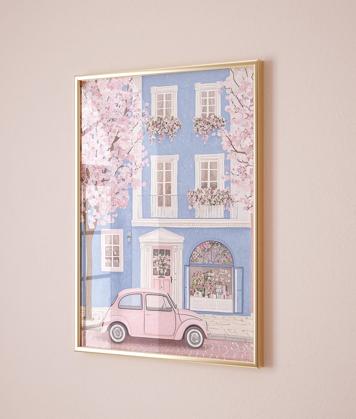 Pink Volkswagen Beetle Blue House Cherry Blossom Spring Car Poster - Image 2