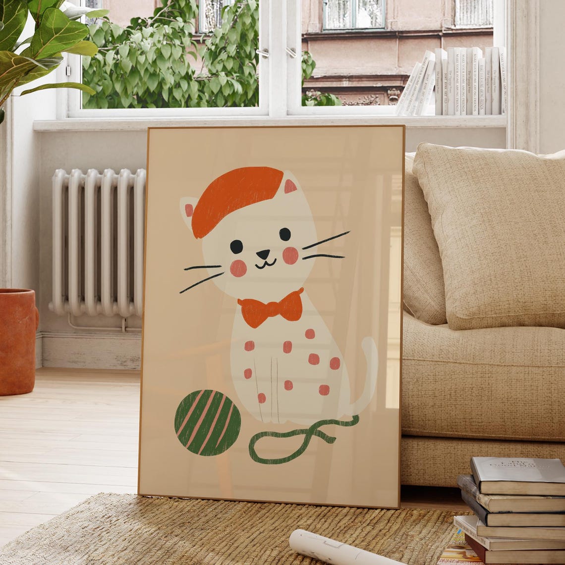Cute White Cat Orange Beret Bow Tie Yarn Ball Nursery Kids Wall Poster - Image 2
