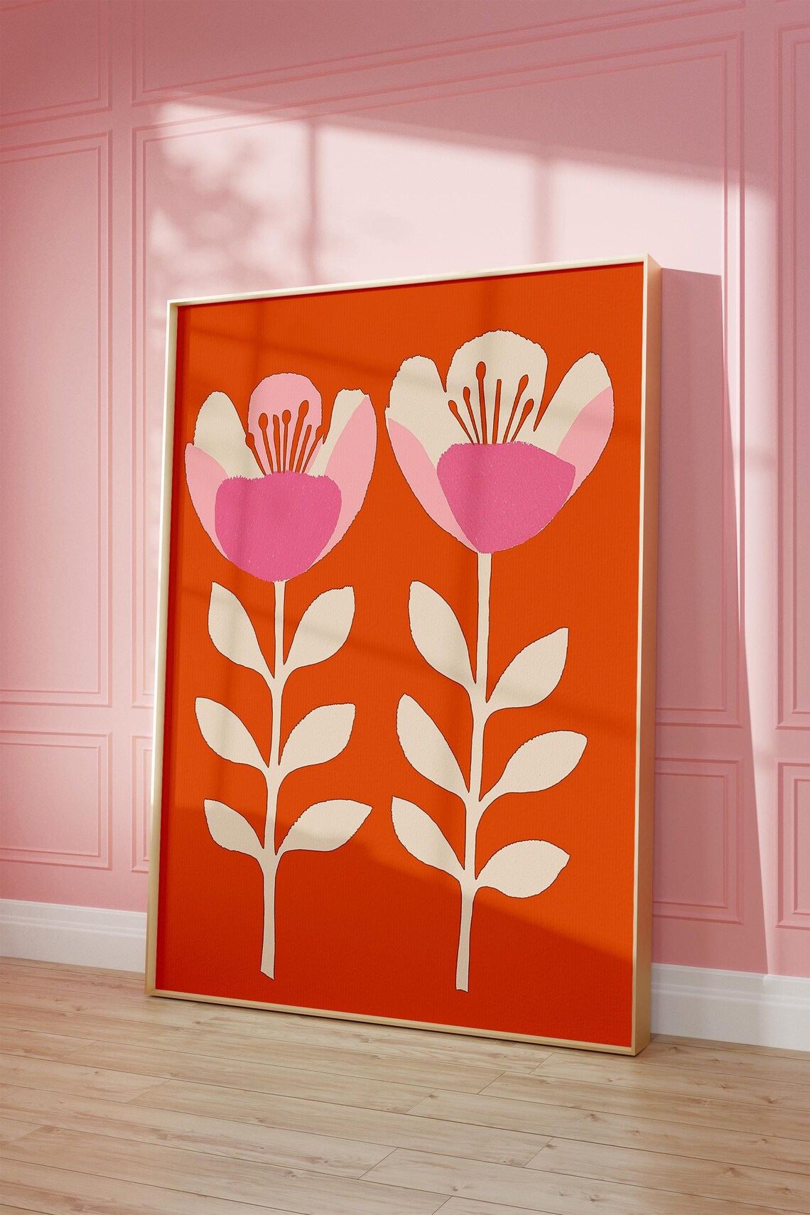 Retro Orange Pink Flower Print Mid Century Modern Botanical Wall Art - Image 6