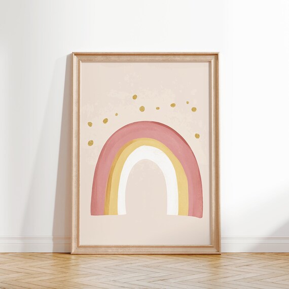 Blush Pink Rainbow Gold Dots Nursery Kids Room Watercolor Wall Art