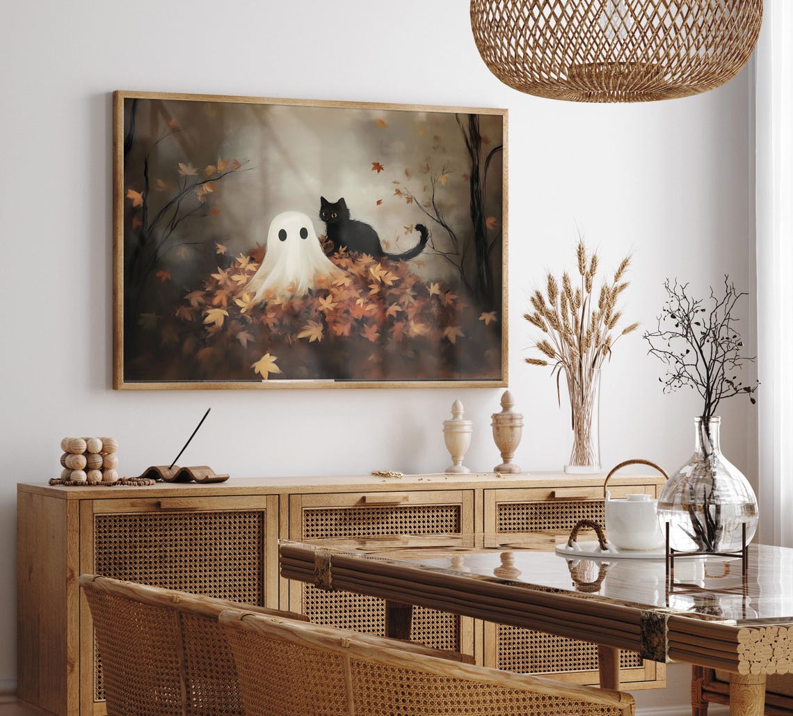 Ghost And Black Cat Playing In Falling Autumn Leaves At Night Poster - Image 2