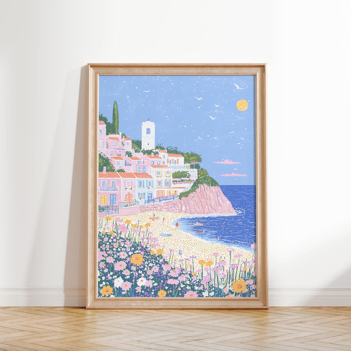 Pastel Coastal Village Cliff Beach Wildflowers Mediterranean Poster - Image 2
