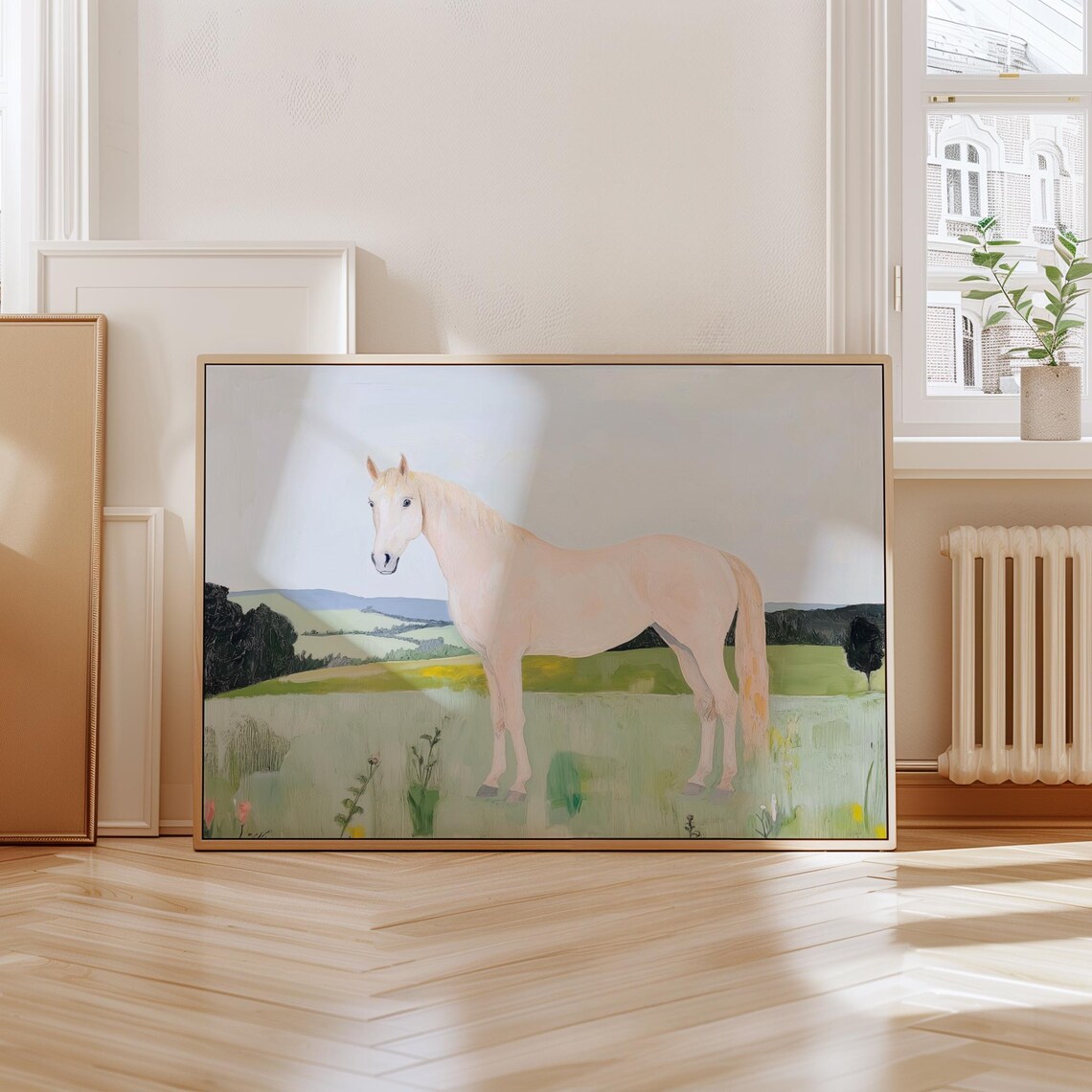 White Horse In Green Meadow Vintage Oil Painting Country Poster - Image 2