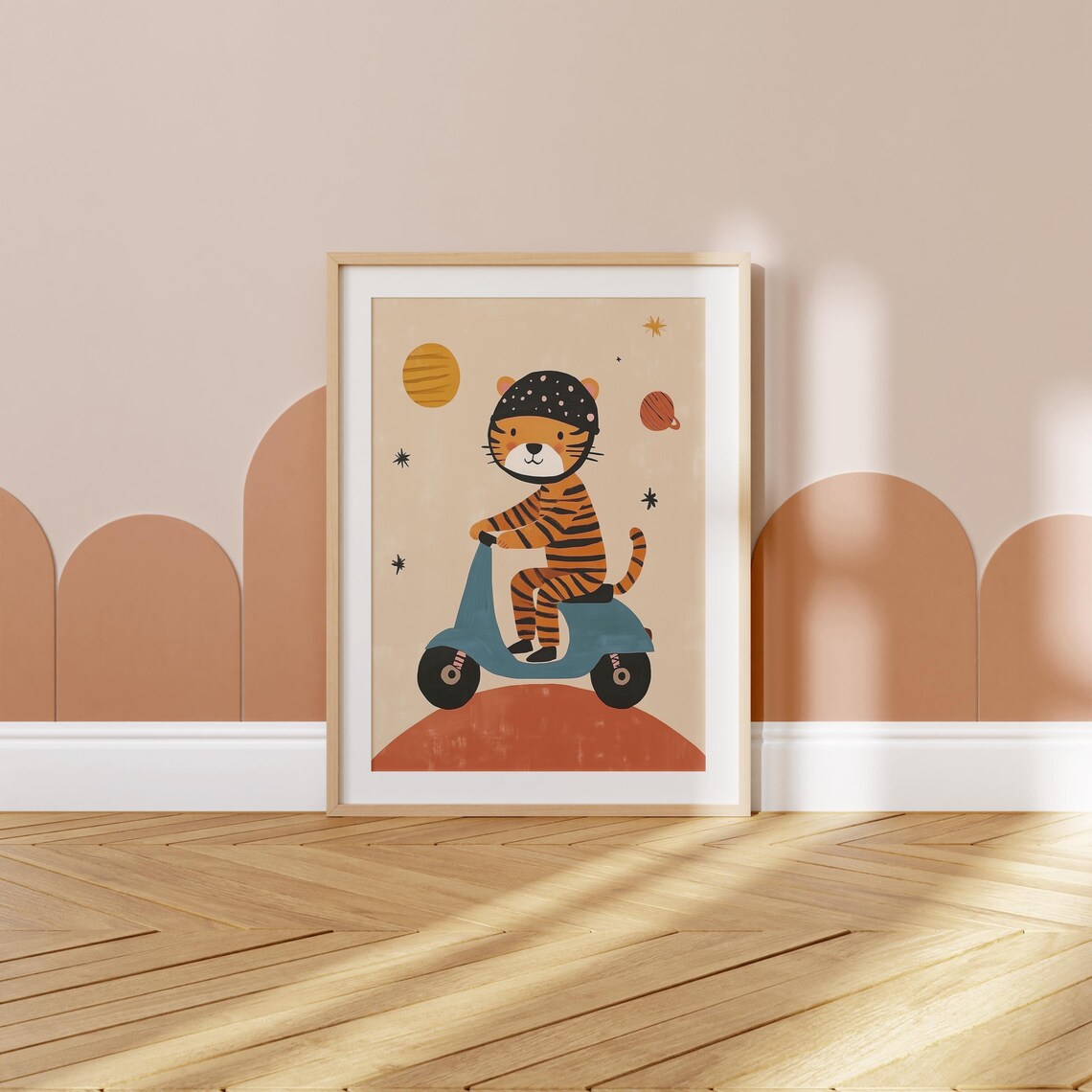Tiger In Helmet Riding Blue Scooter On Planet Kids Space Nursery Poster - Image 2