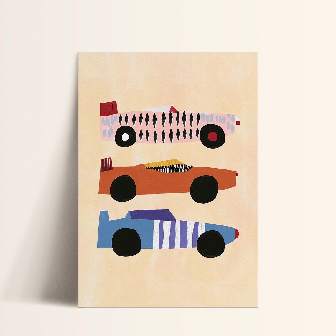 Race Car Print Three Colorful Retro Cars Cream Boys Room Wall Poster - Image 2