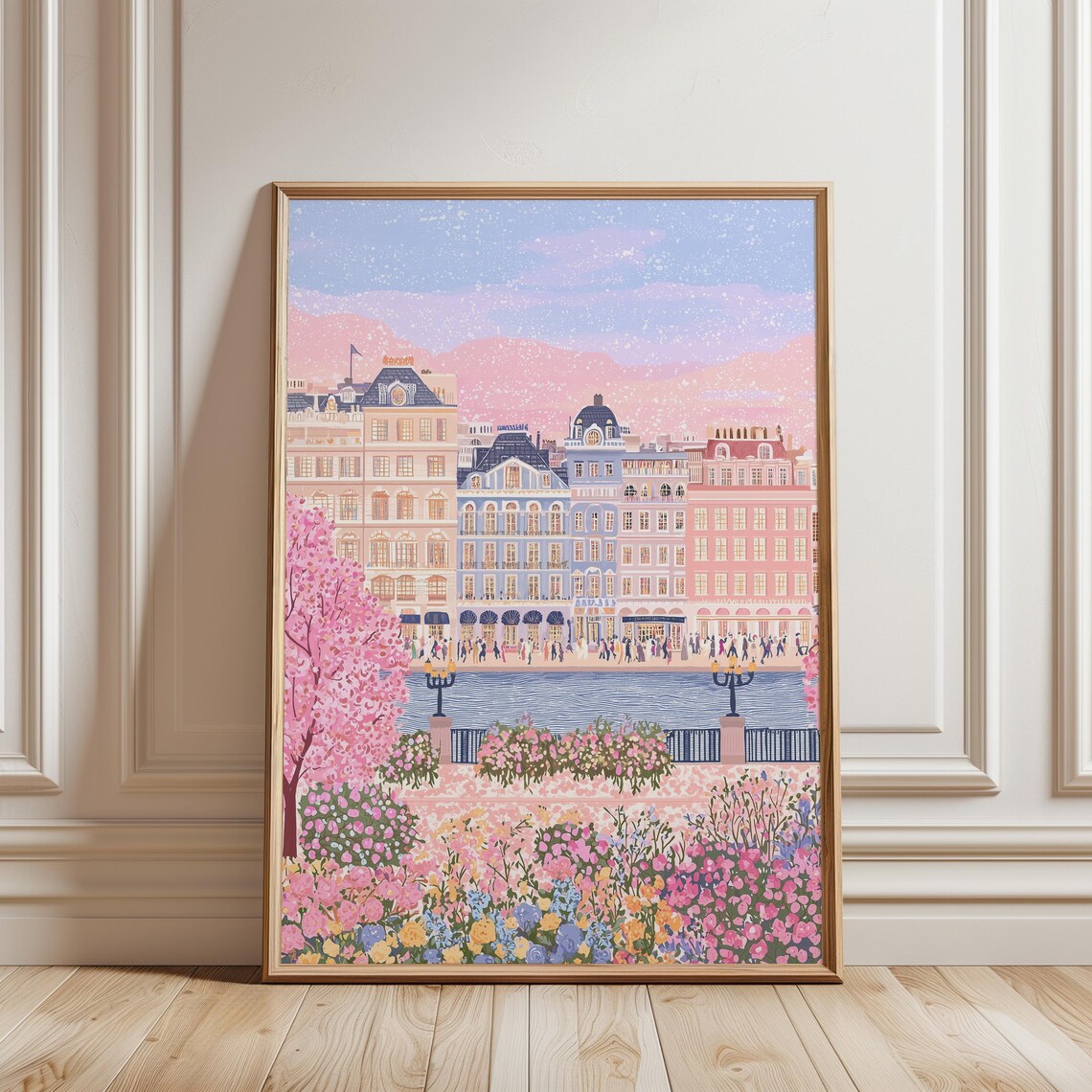 Paris River Art French City Pink Building Art Spring Flower Scene Folk Art Style European Art Print Travel Home Decor