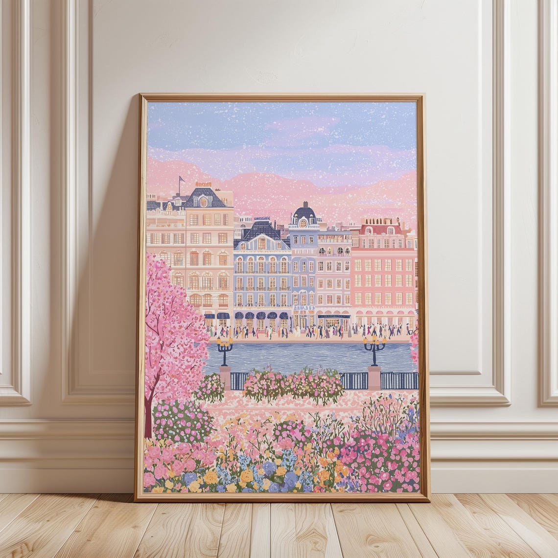Paris River Pink Sky Flower Garden Romantic Cityscape Poster