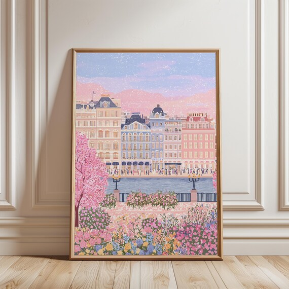 Paris River Pink Sky Flower Garden Romantic Cityscape Poster