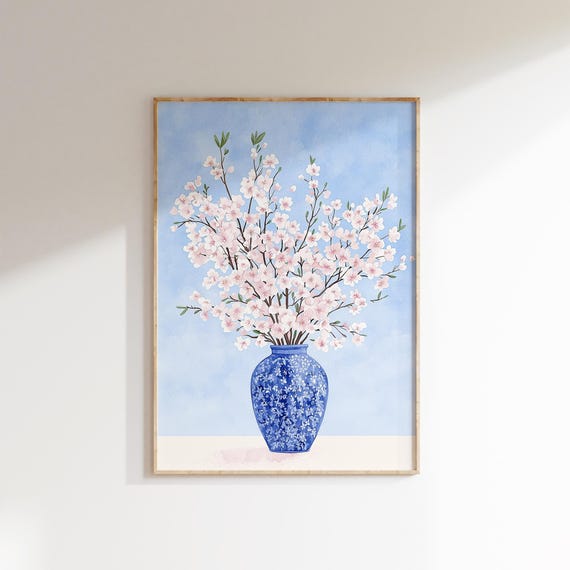 Cherry Blossom Art Print Blue And White Chinoiserie Vase Pink Floral Wall Art Spring Decor Japanese Style Cottagecore Print