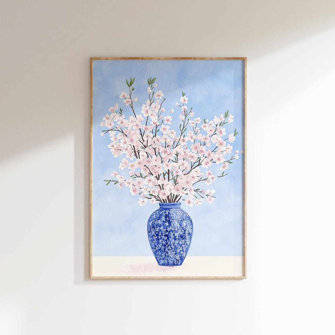 Pink Cherry Blossom Branches Blue White Chinoiserie Vase Poster