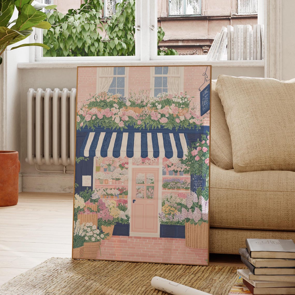 Pink Flower Shop Storefront Striped Awning Spring Floral Shop Poster - Image 2