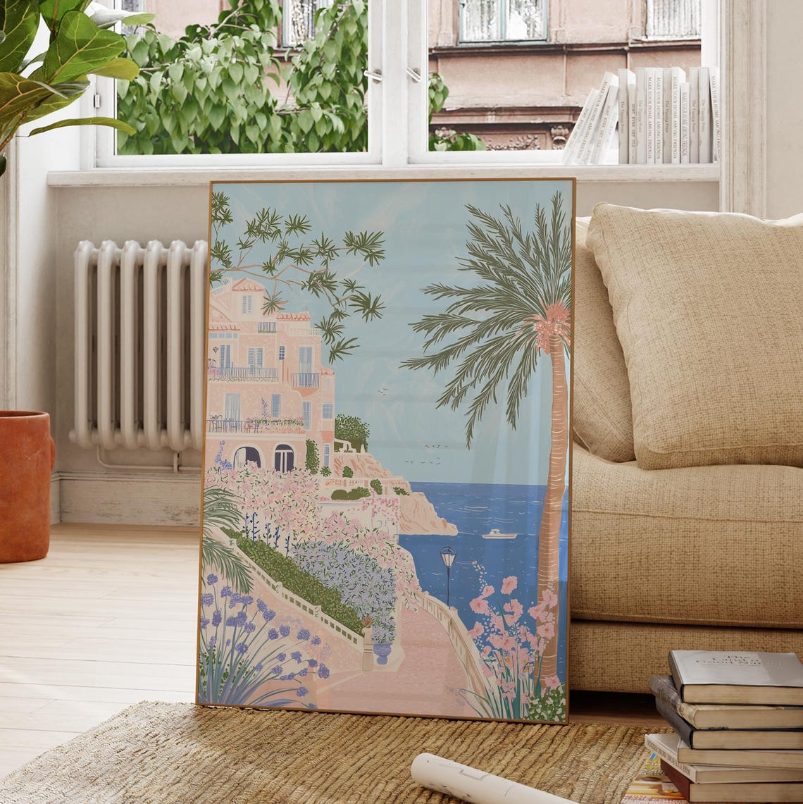Pink Italian Coastal Villa Cliffside Garden Sea View Spring Poster - Image 4