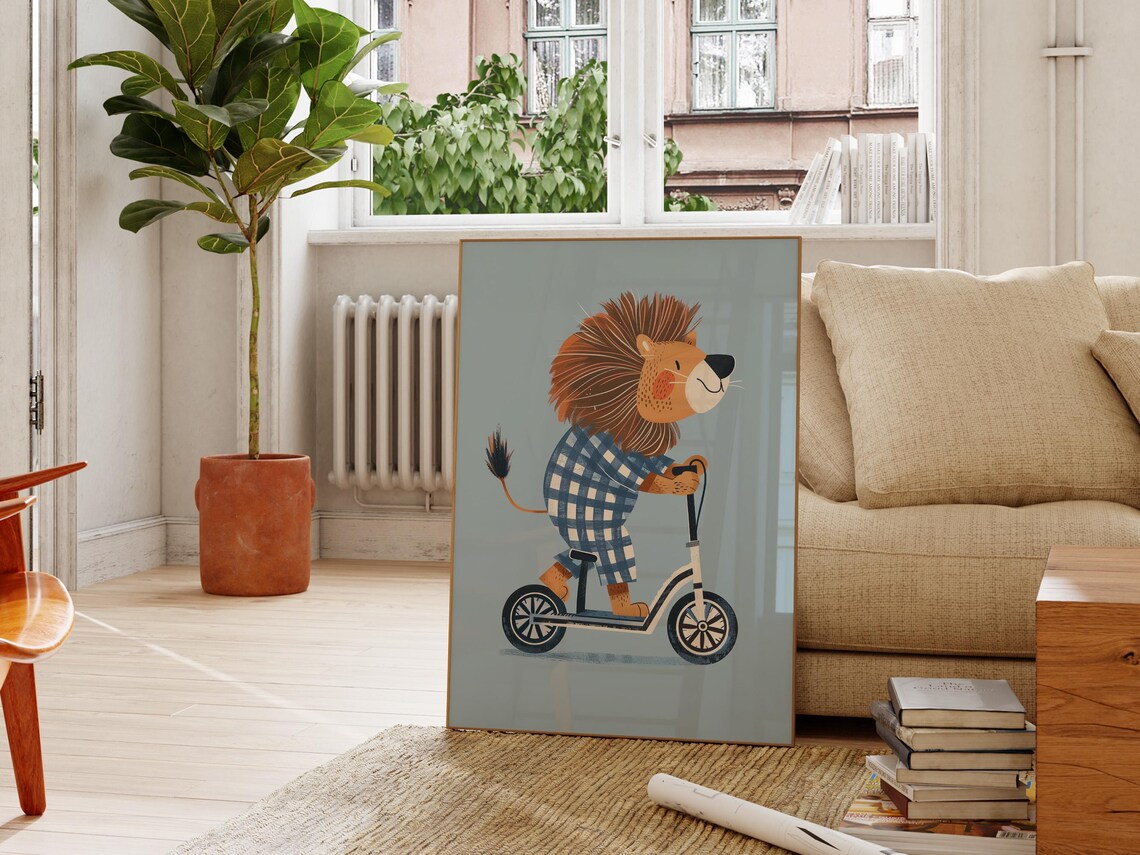 Lion Riding Kick Scooter Playful Cartoon Safari Nursery Kids Poster
