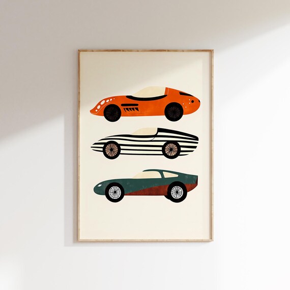 Vintage Race Car Trio Retro Boys Nursery Bedroom Car Poster Decor