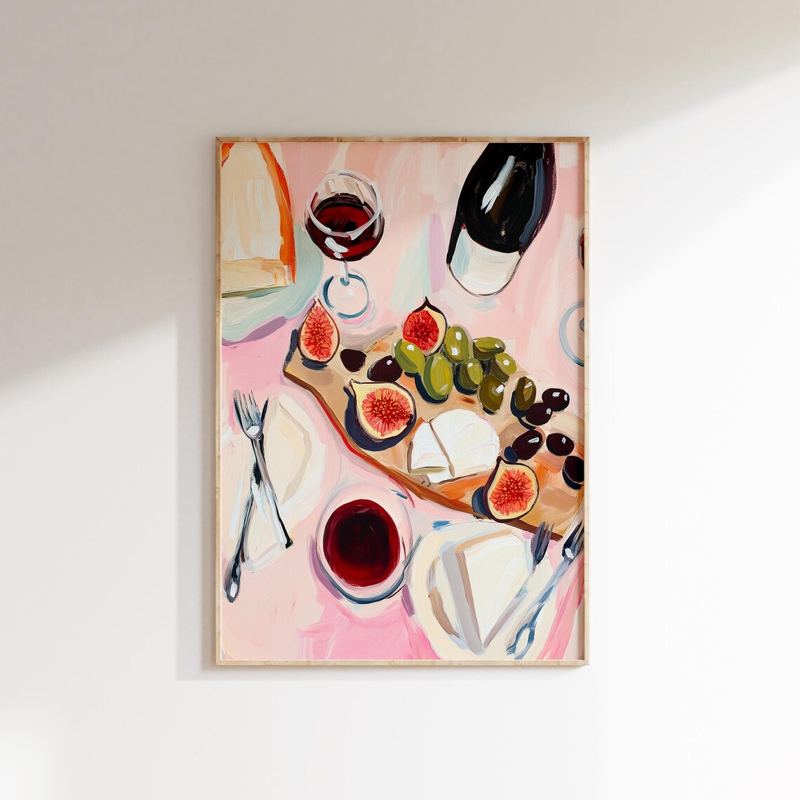 Pink Maximalist Wine Cheese Board Figs Olives Kitchen Dining Art Poster - Image 4