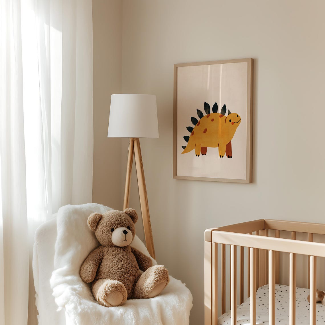 Mustard Stegosaurus with Teal Plates Cute Kids Dino Art Poster - Image 3