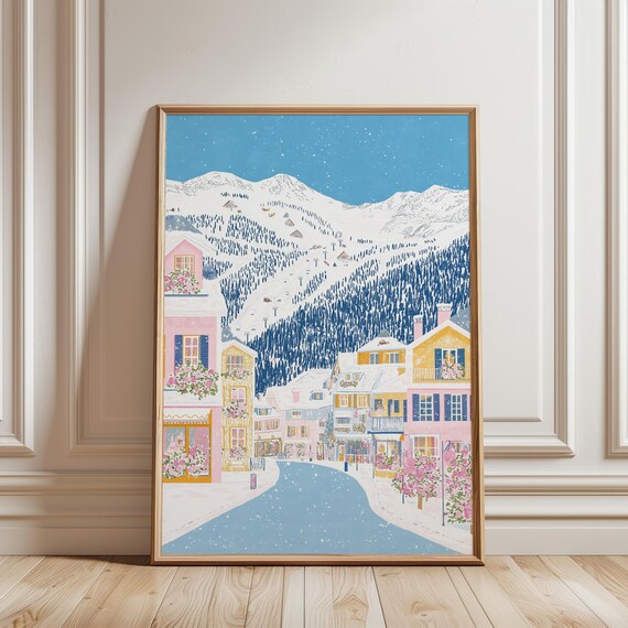 Alpine Ski Village Snowy Chalets Mountain Resort Winter Poster