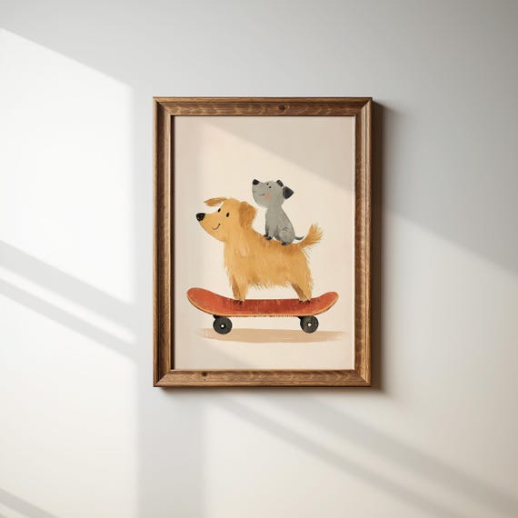 Two Dogs On Skateboard Art Print Nursery Animal Poster Kids Room Wall Art Playroom Decor Dog Lover Gift Boys Room