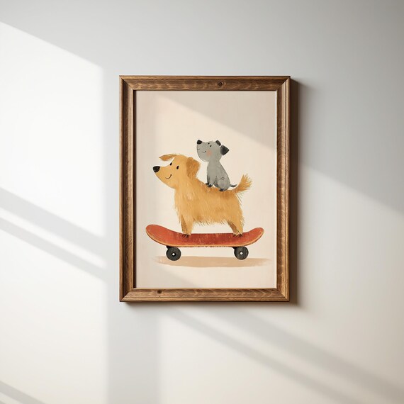 Two Dogs Riding a Skateboard Playful Nursery Kids Room Art Poster