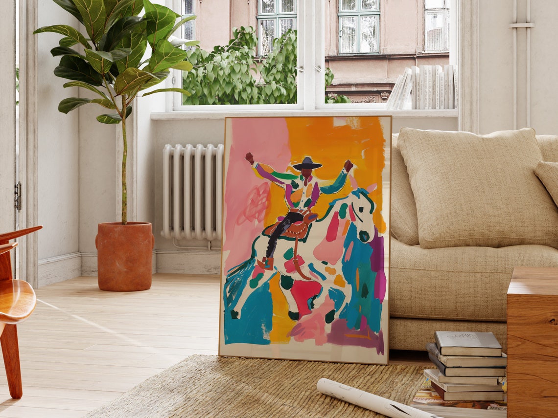 Colorful Abstract Cowboy Horseback Riding Western Rodeo Poster