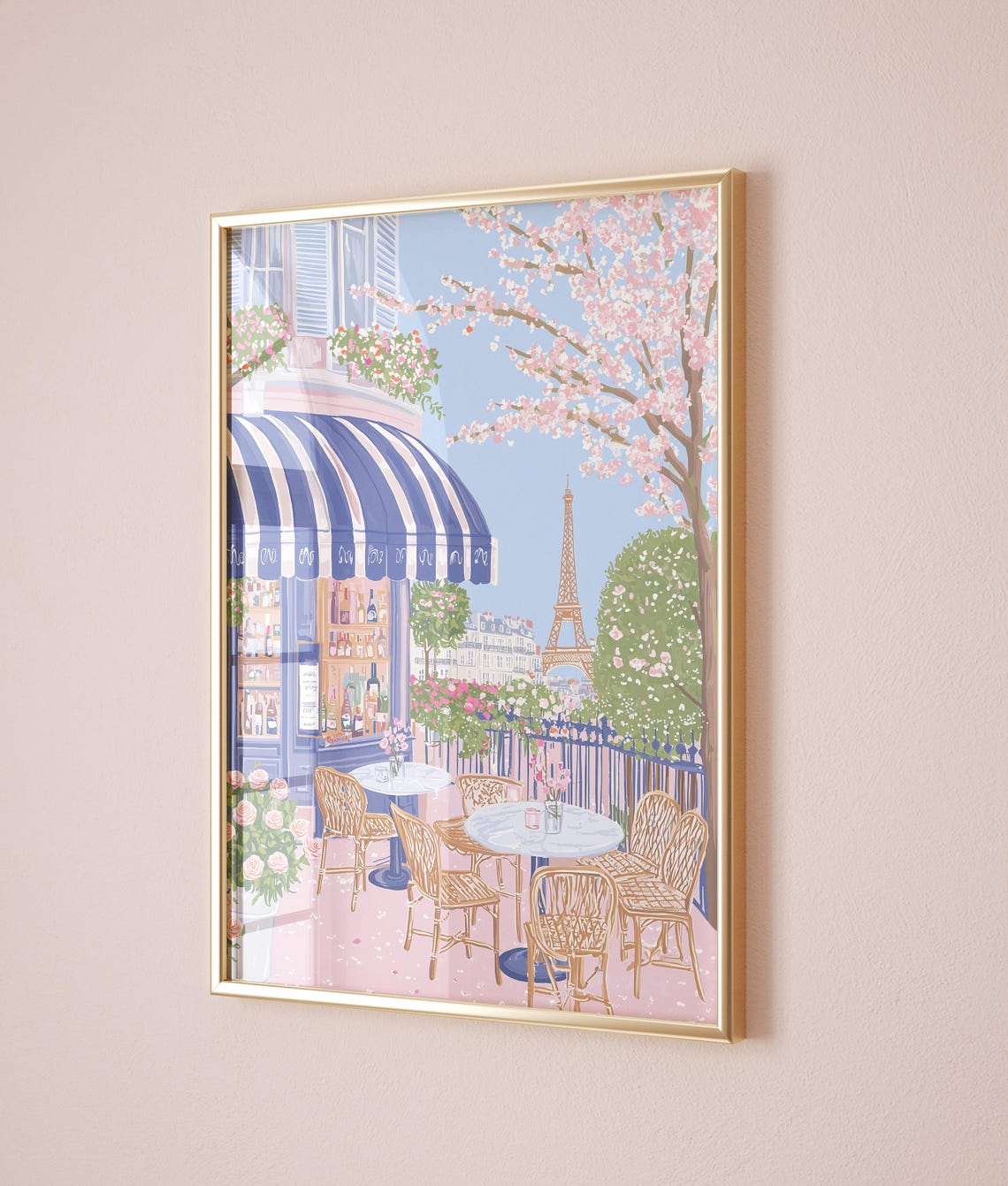 Paris Cafe Terrace Eiffel Tower Cherry Blossom Spring Poster - Image 3