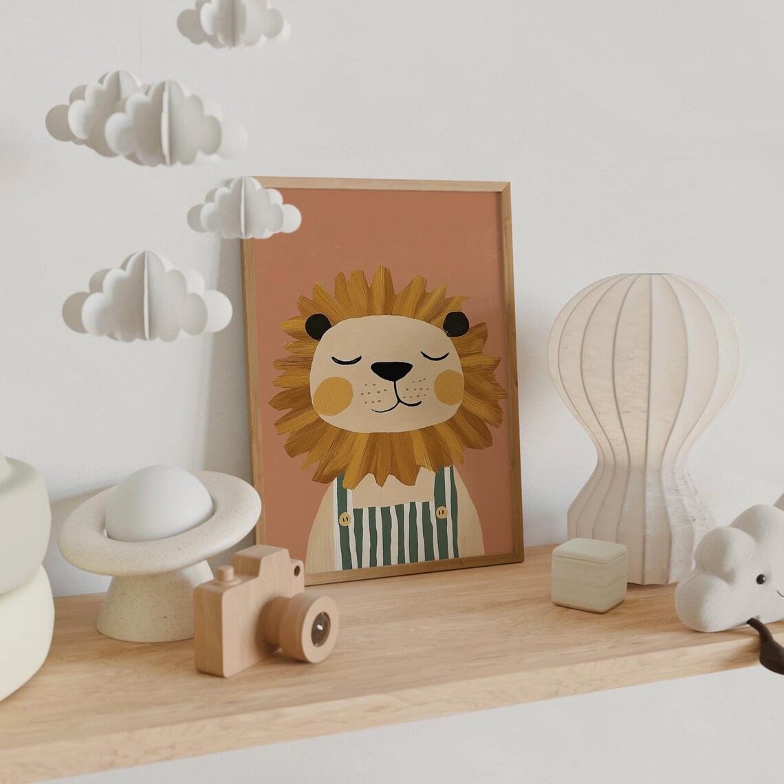 Happy Smiling Lion in Striped Overalls Nursery Kids Room Wall Art
