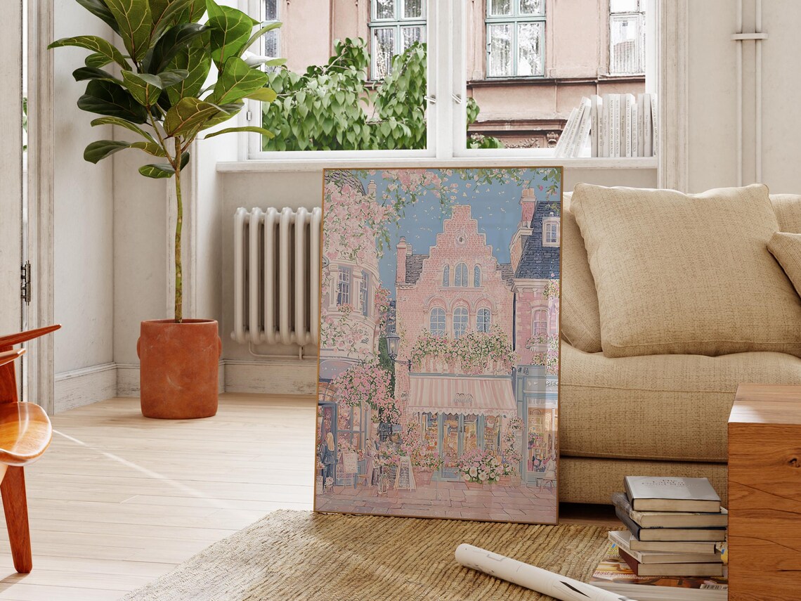 European Flower Shop Cozy Village Pink Storefront Spring Poster
