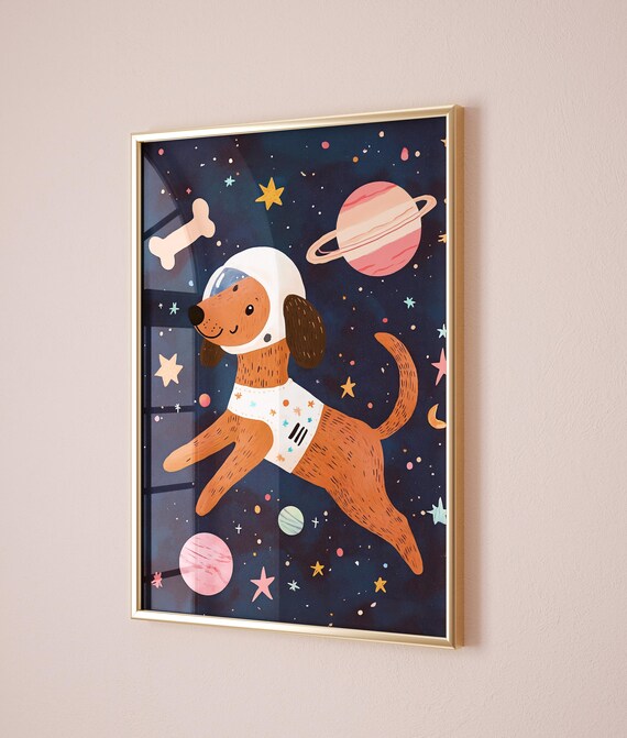 Astronaut Dog Space Adventure Kids Room Nursery Poster Art Decor