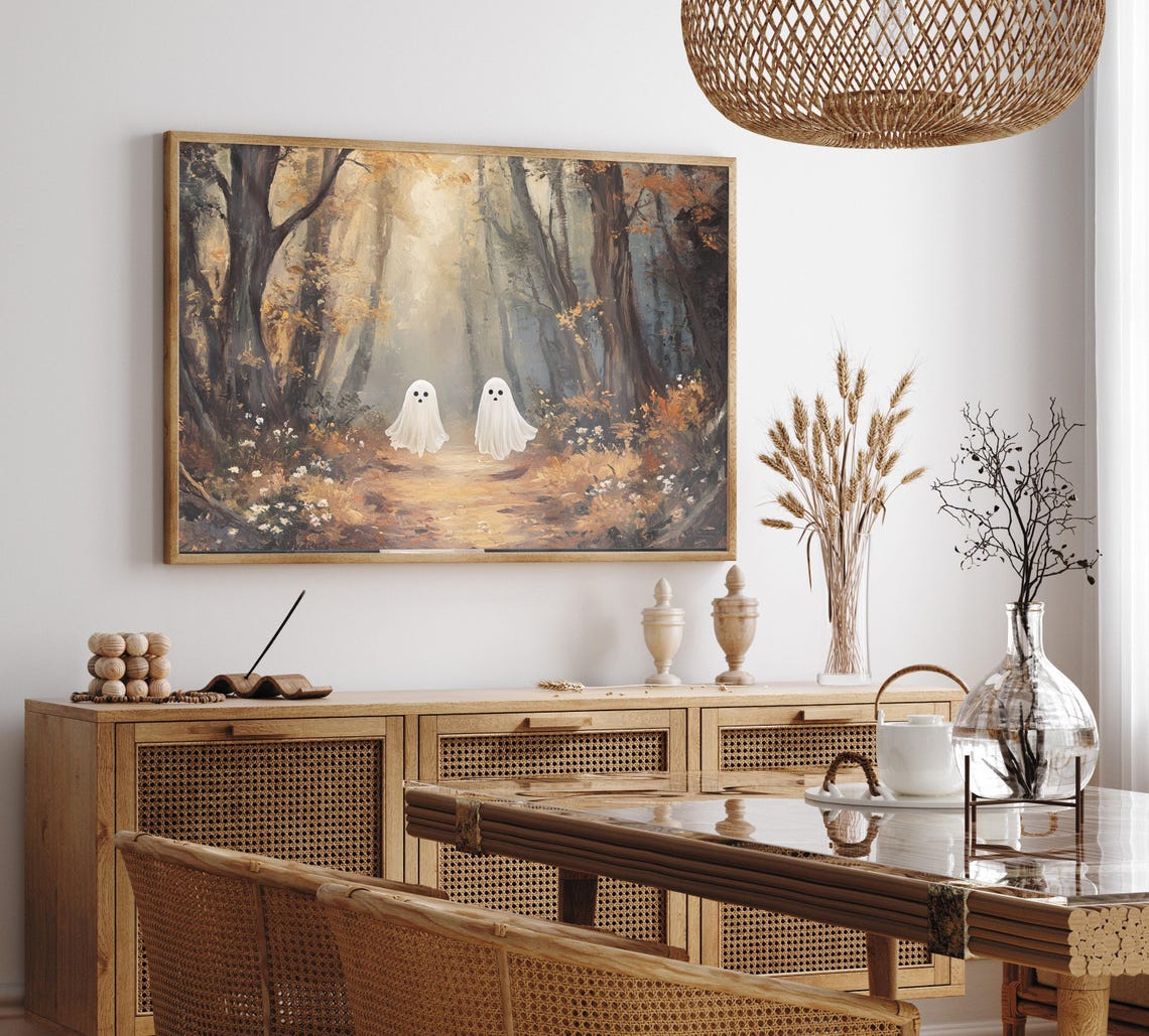 Halloween Sunlit Forest Ghosts Art Poster Whimsical Spooky Decor - Image 2