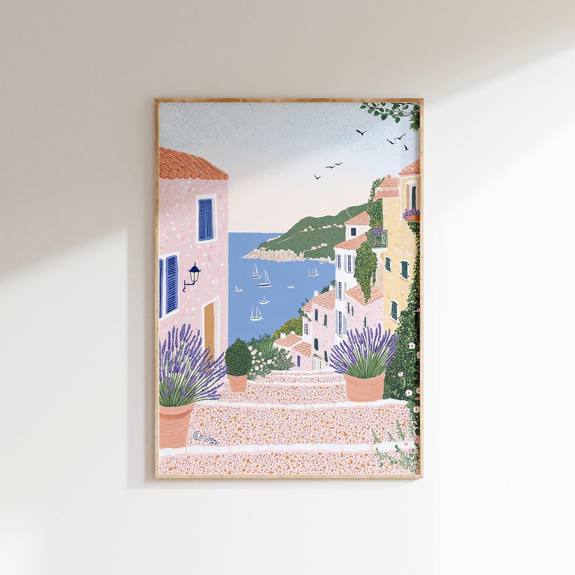 Mediterranean Stone Steps Lavender Sailboats Coastal Town Poster - Image 2